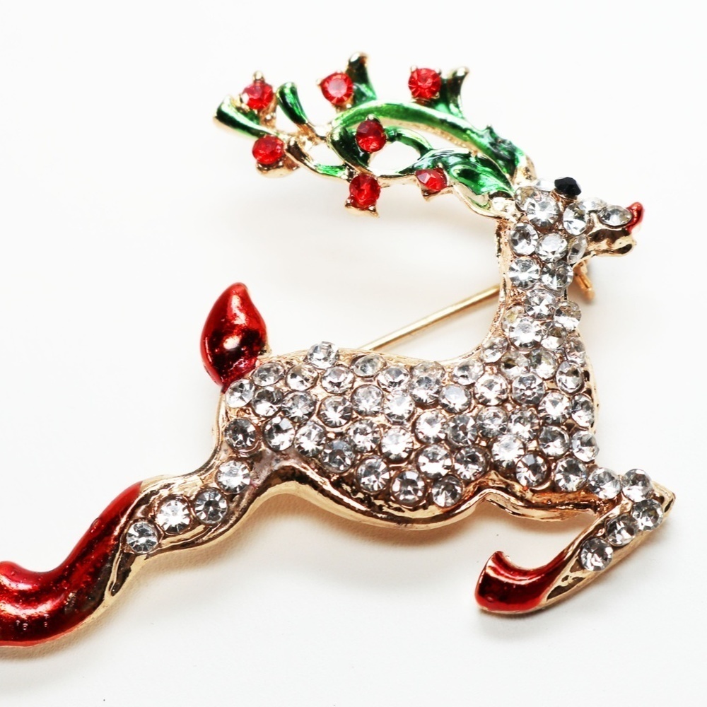 Rudolph the Red-Nosed Reindeer Brooch Cubic Zirconia Encrusted Holiday Pin 🦌 - Picture 5 of 12